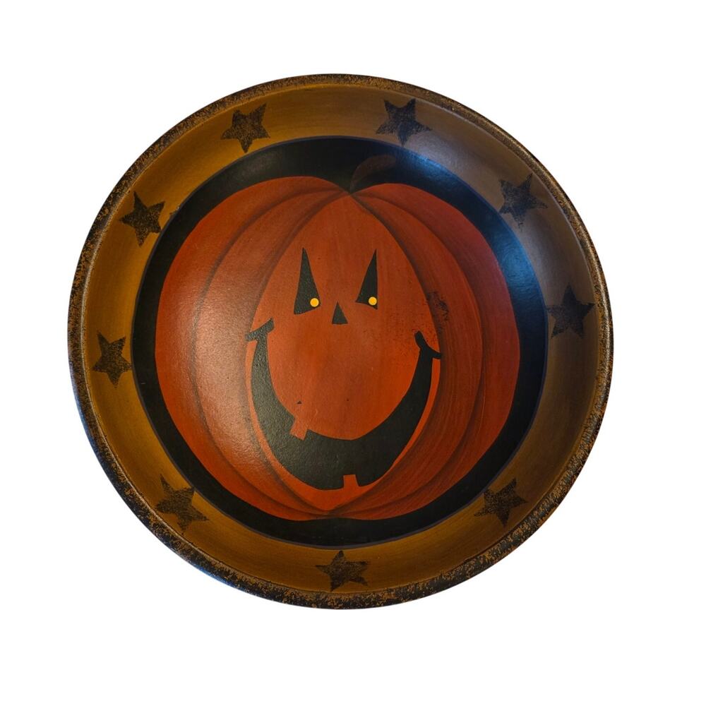 Large Hand Painted Wooden Jack-o-Lantern Halloween Bowl Folksy Rustic Primitive